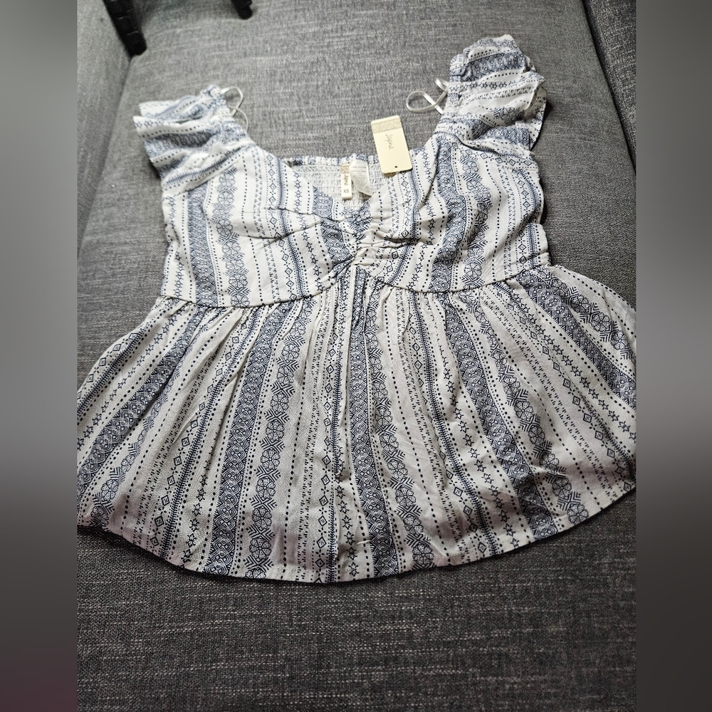 JAPNA Bohemian Peplum White & Blue Paisley Patterned Top